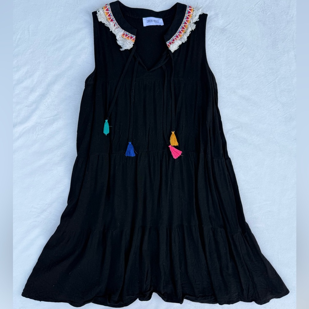 Black Tiered Fiesta Dress with Multicolor Tassels